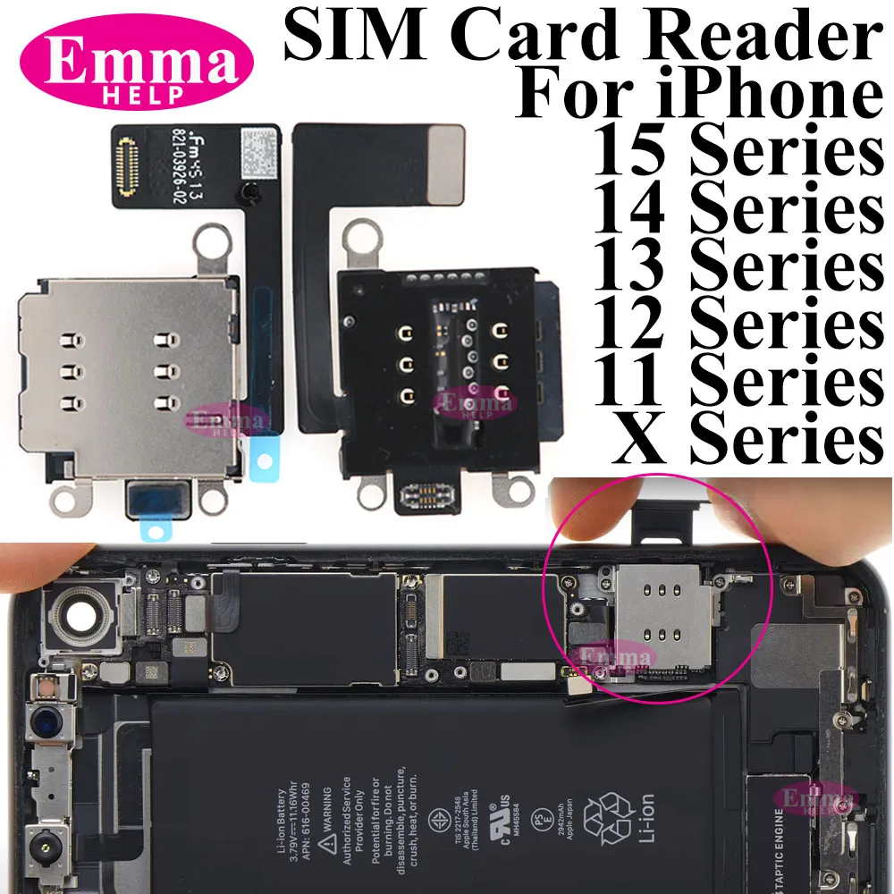 EmmaHelp Dual Sim Card Reader Connector Flex Cable For IPhone 11 12 13 15 Pro Max 14 Plus XR Single Tray Slot Holder Adapter