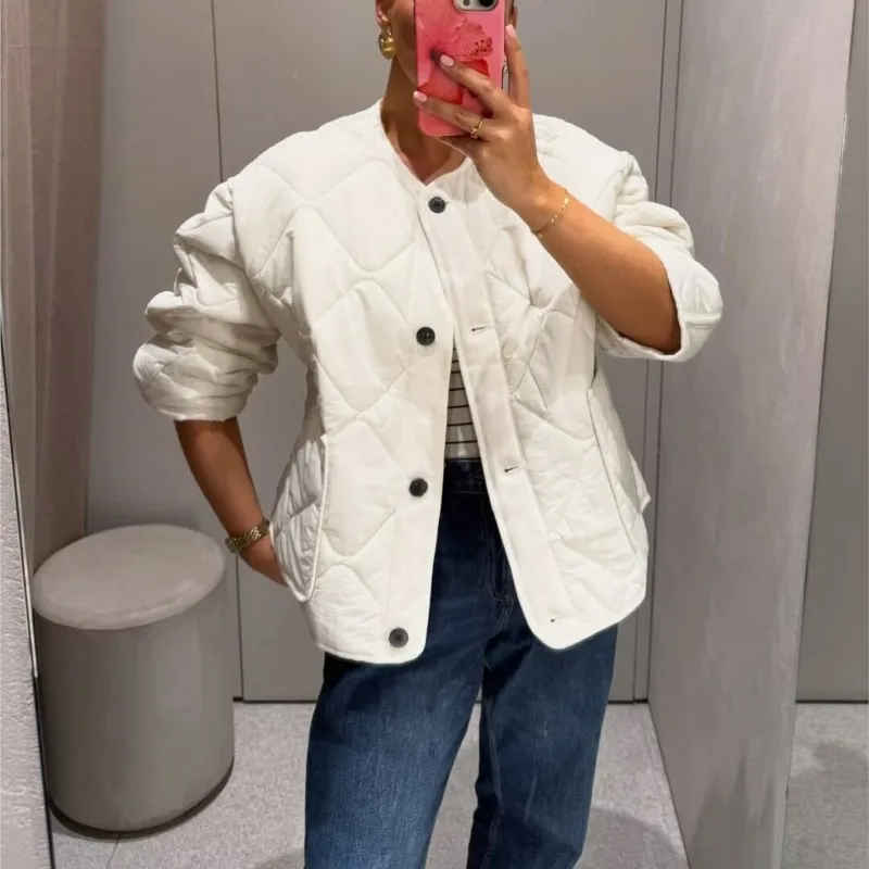 

Vintage Loose Quilted Jacket For Women 2025 Front Pockets Long Sleeve O Neck Outerwear Streetwear Coat