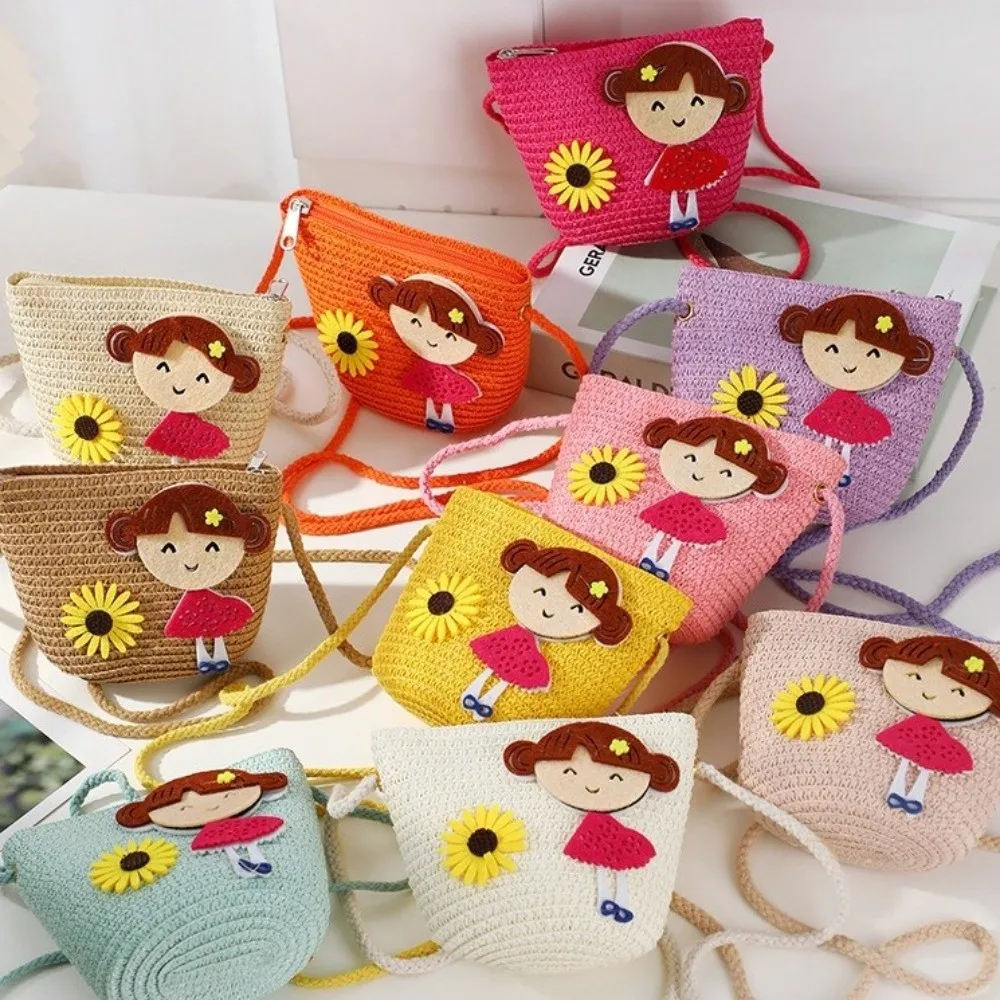 حقائب كتف من القش المنسوج يدويًا مبتكرة على شكل زهرة لطيفة حقيبة كروس خفيفة الوزن حقيبة شاطئ للأطفال #4