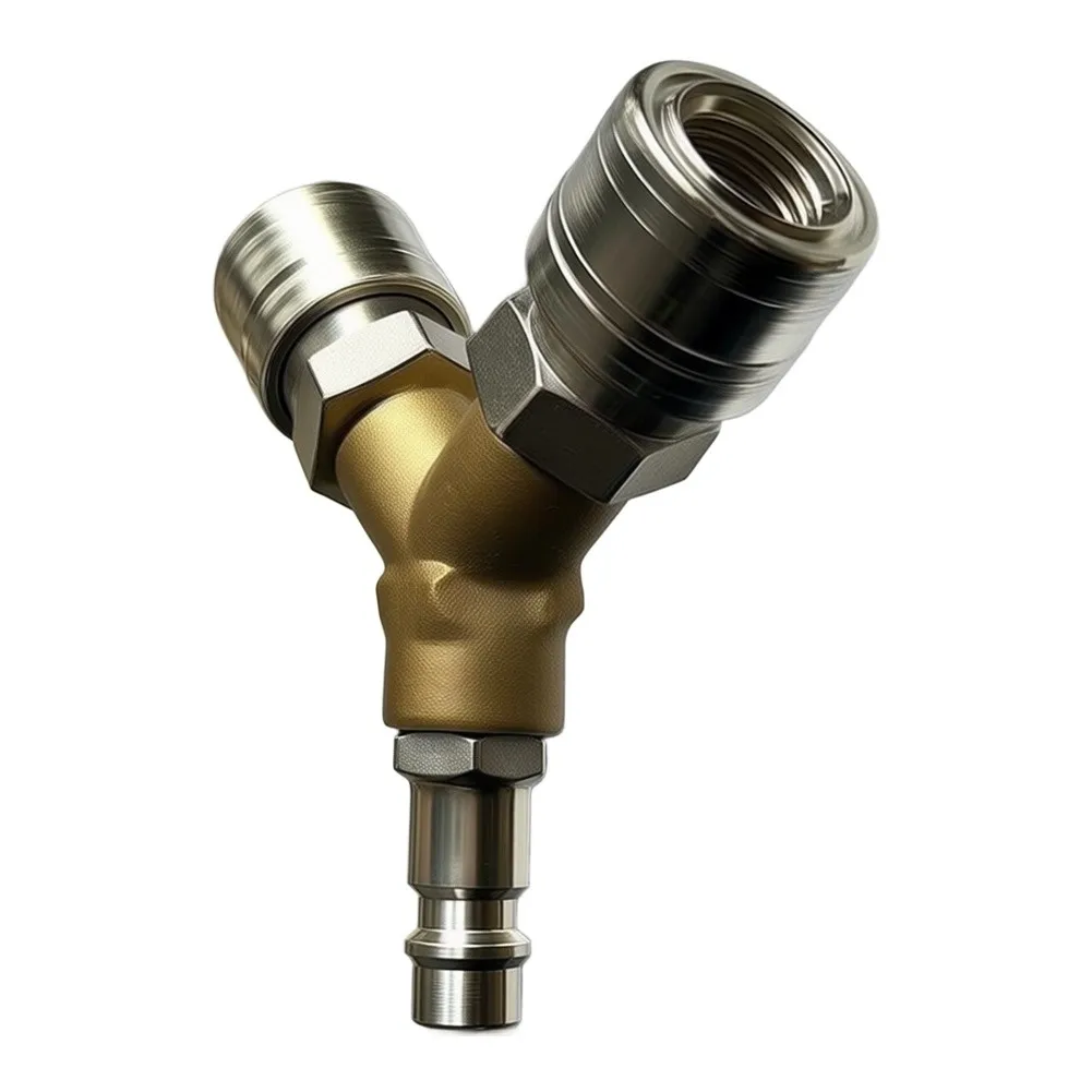 Brass Quick Connect Y Fitting with Two Couplers for Air Compressor Output Distribution to Multiple Pneumatic Devices