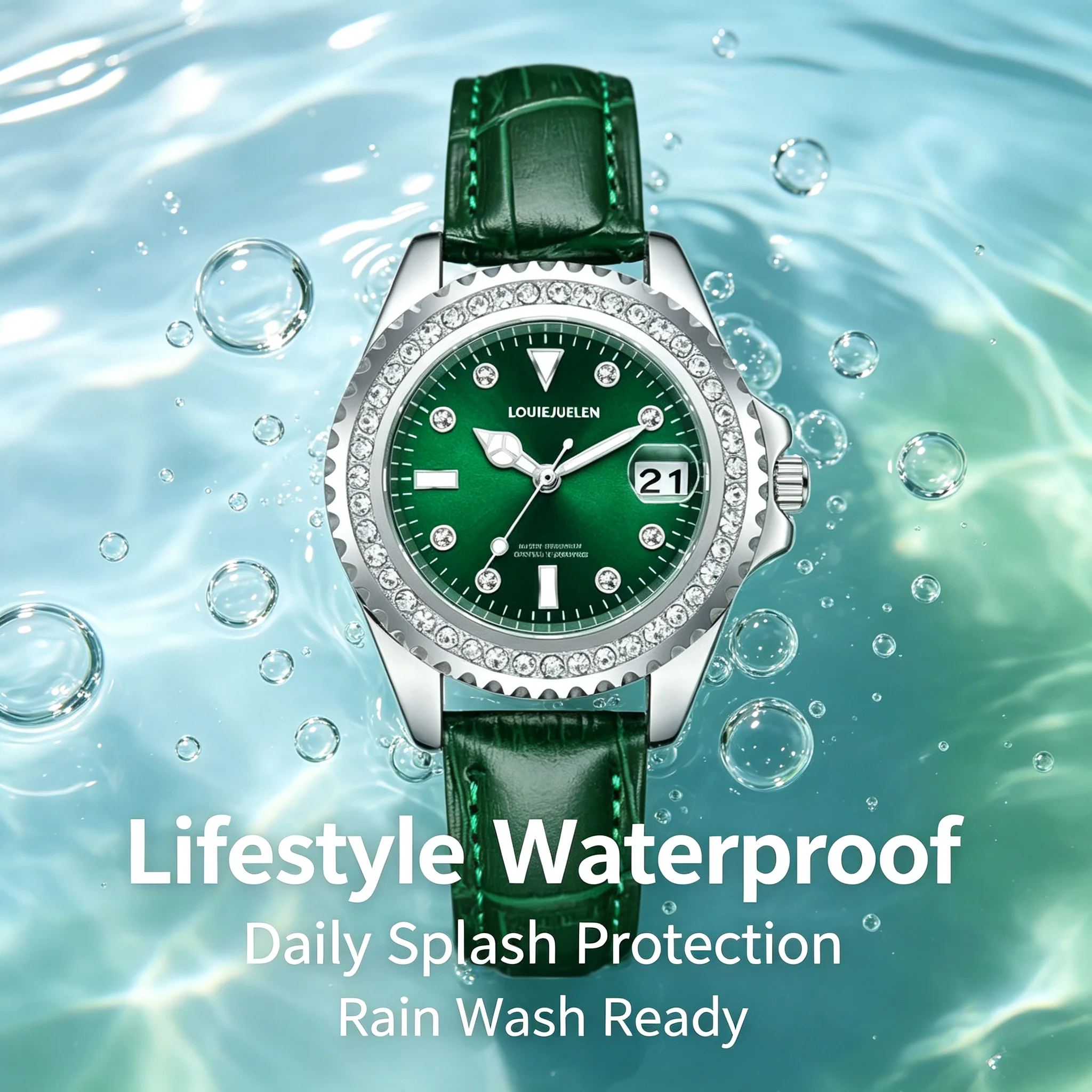 LOUIE JUELEN Women Quartz Watch Green Dial Full Rhinestone Bezel Genuine Leather Strap 30M Waterproof Ladies Date Wristwatch