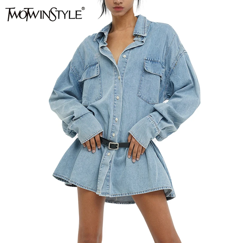 

TWOTWINSTYLE Patchwork Belt Demin Dresses For Women Lapel Long Sleeve High Waist Spliced Single Breasted Casual Dress Female New