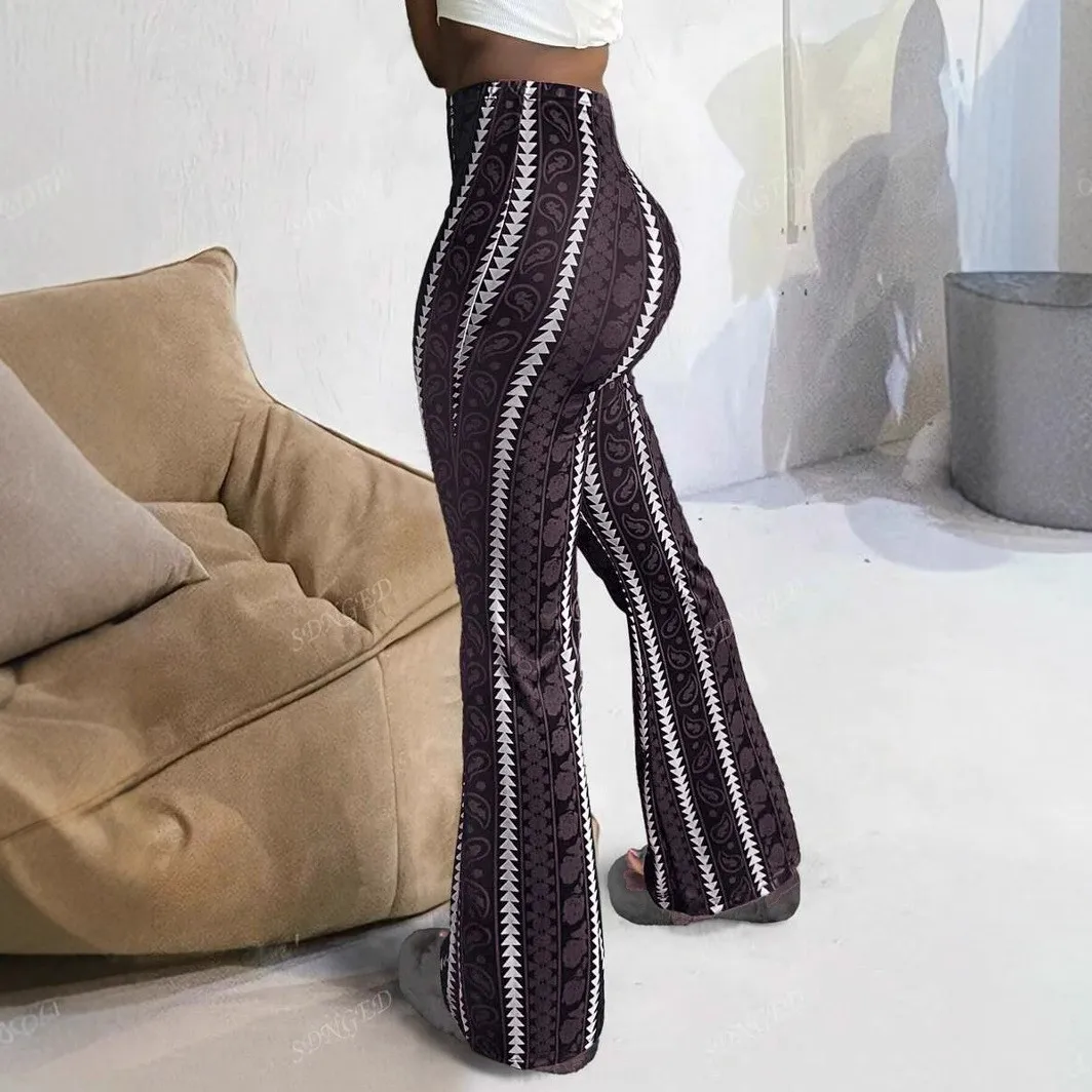 

Women's Leggings Flared Tribal Pants Mid Waist Printed Tight Pants High Waist Stretch Slim Pants Black Base White Contrast