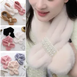 Pearl Scarf Winter Imitation Otter Hair Scarf Women's Fashion Versatile Korean Cute Fluff Thickened Warm Cross Scarf