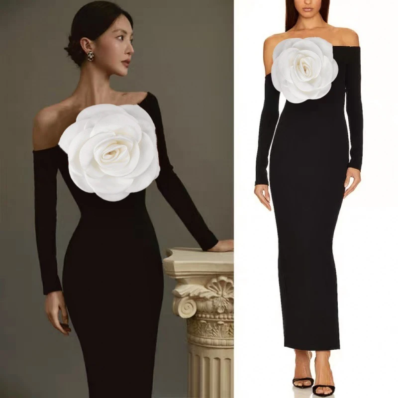 

French White Three-Dimensional Flower Dress Hem Split Off-Shoulder Slim-Fit Long-Sleeved Small Black Dress Long Dress Women's