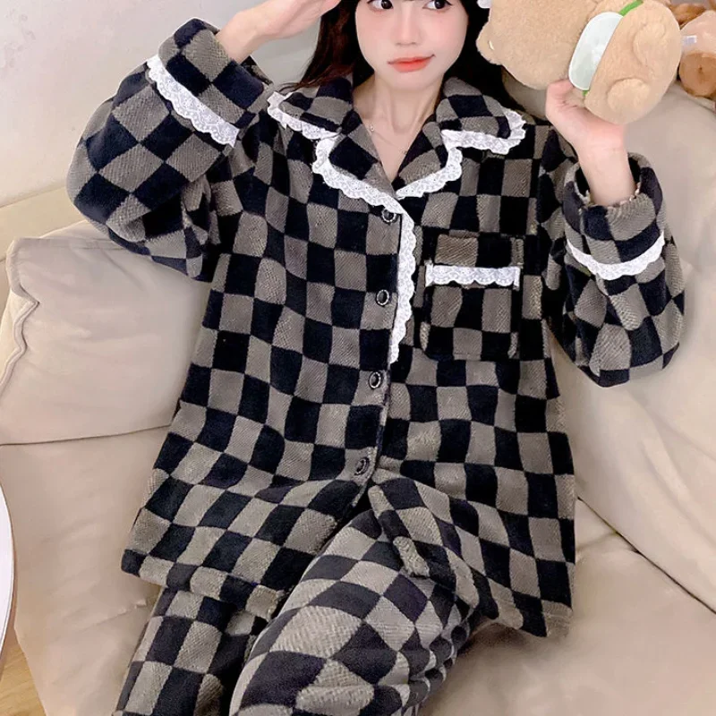 Pajamas Women Autumn Winter Thick Suit Homewear Warm Long Sleeves Spring New Coral Fleece Flannel Can Be Worn Outside Sleepwear