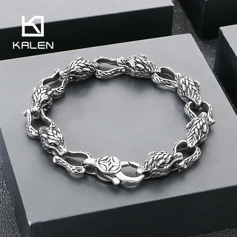 Pulsera de Cadena con Cabeza de Lobo de Acero Inoxidable Retro KALEN para Hombre, Joyería con Amuletos de Animales Dominantes, Accesorio Personalizado para Festivales
