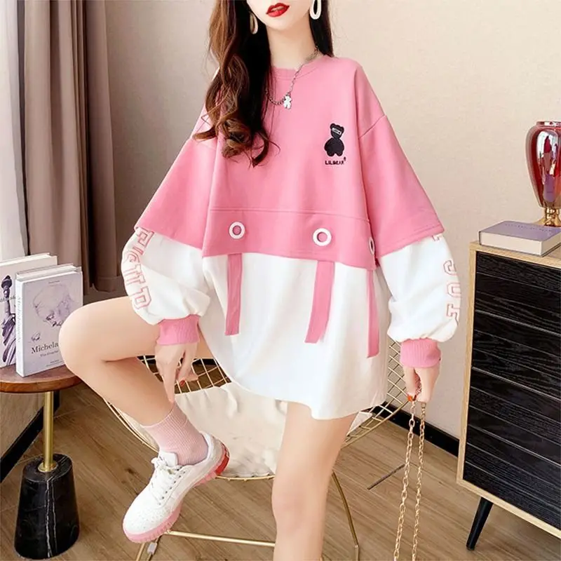 Spring Autumn New Korean Patchwork O-neck Long Sleeve Sweatshirts Women Clothes Loose All-match Printing Mid Length Top T-Shirts