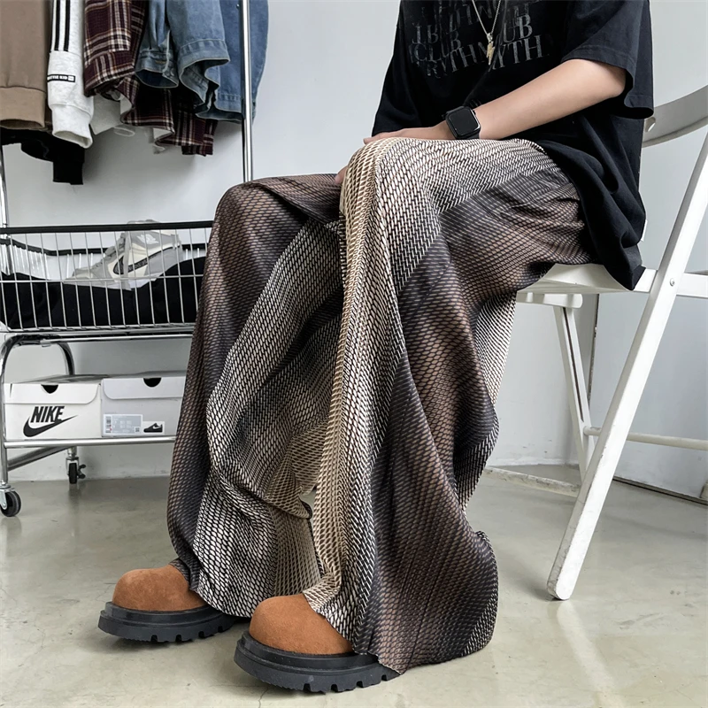 

Летние мужские повседневные брюки из ледяного шелка с широкими штанинами, модный бренд в стиле пэчворк, свободные универсальные брюки adient Straig...