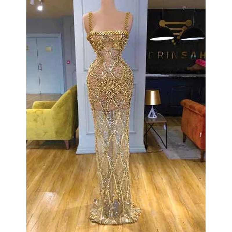 Strapless Spaghetti-Strap Prom Dresses Golden Beads Mermaid Women Luxury Gown For Evening Party Ball Custom Vestidos De Gala