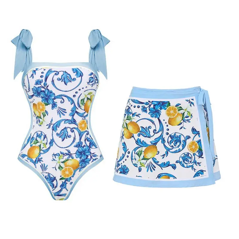 Flaxmaker ผู้หญิง One Piece ชุดว่ายน้ําและ Sarong หรือกระโปรง 2025 Vintage Lemon พิมพ์ Tie-ไหล่ชุดว่ายน้ําชุด femme
