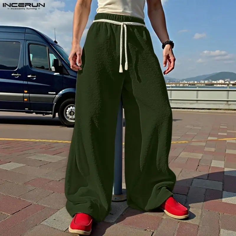 INCERUN Men Pants Solid Color Elastic Waist Joggers Lace Up Trousers Men Streetwear Loose Fashion Casual Wide Leg Pants S-5XL