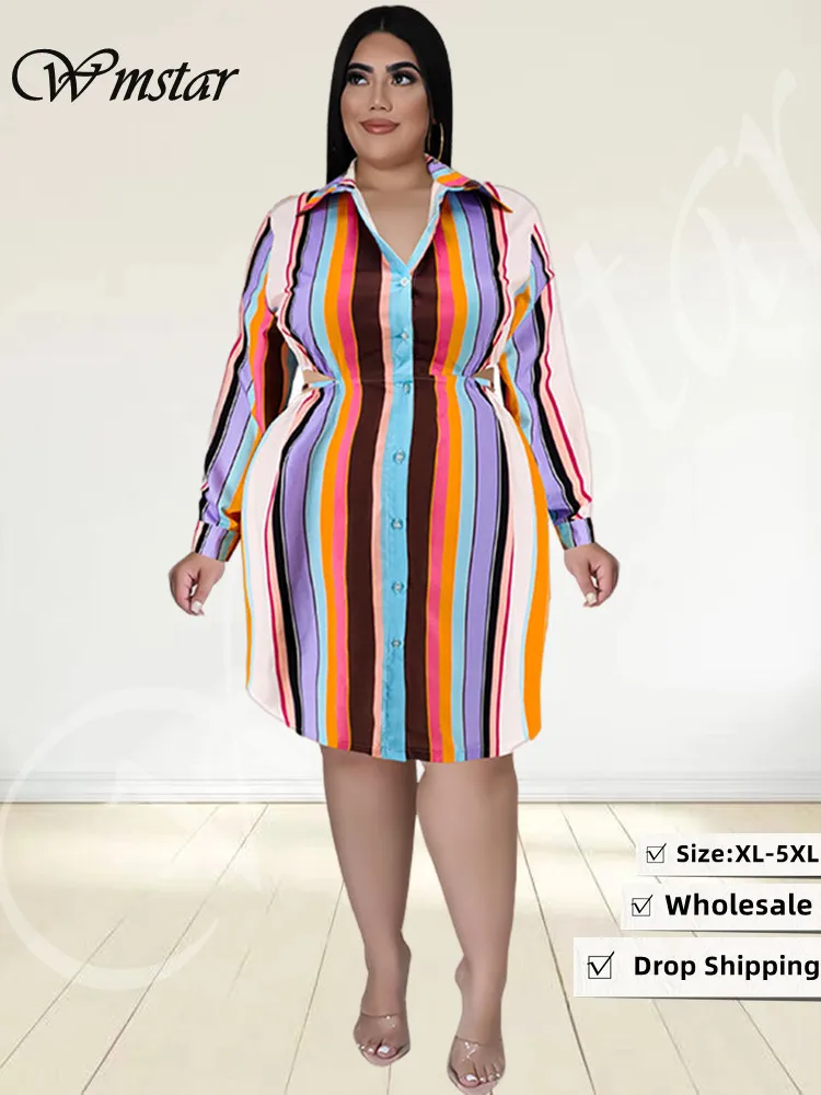 Wmstar Plus Size Dresses Women Fall Clothes Striped Hollow Out Elastic Waist Elegant Midi Shirts Dress Wholesale Dropshipping