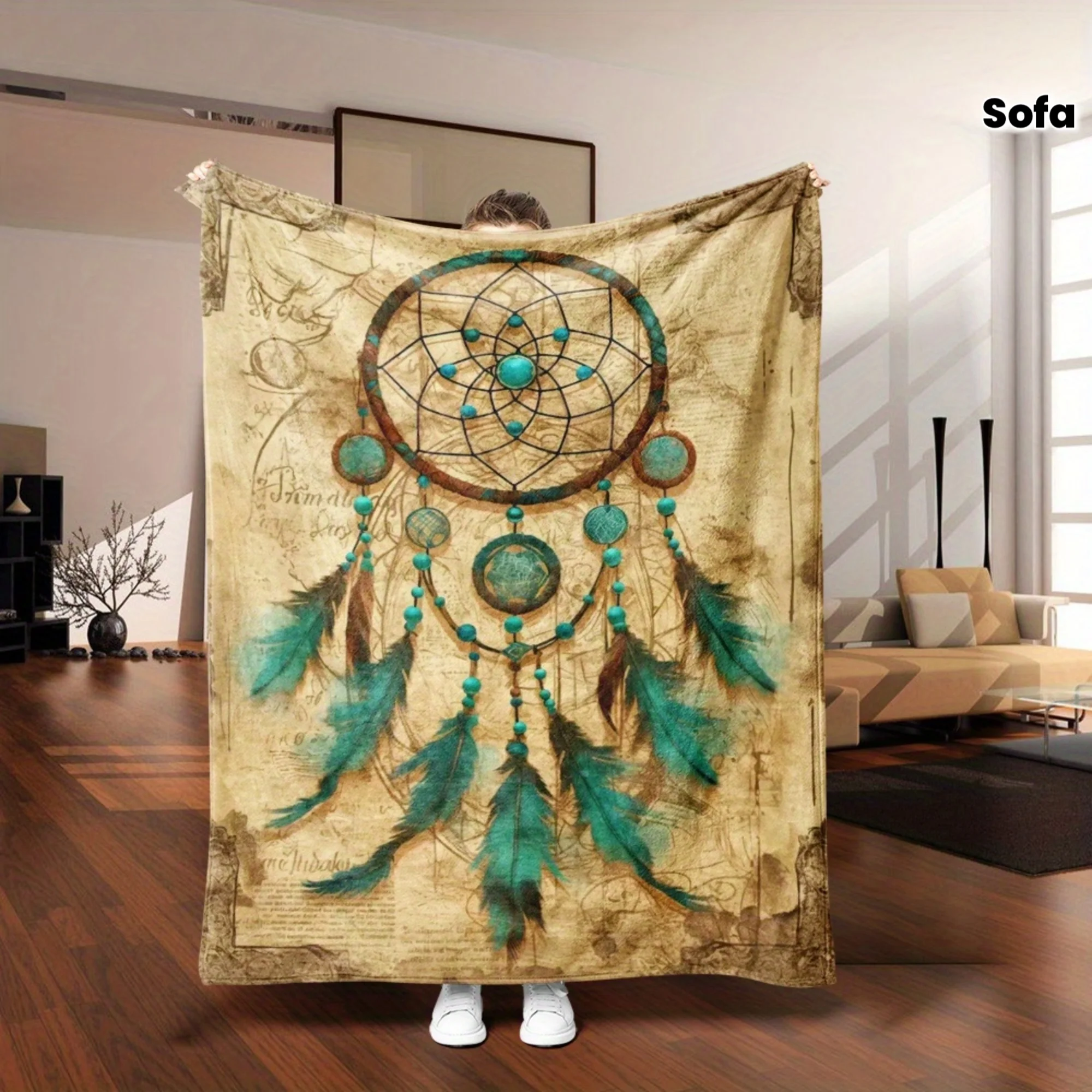 Bohemian Dreamcatcher Flannel Blanket – Ultra-Soft, Lightweight Throw with Vibrant Teal Beads & Feathers Design, All-Season Deco