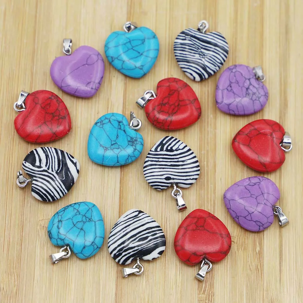 Free Shipping 20mm Natural Stone Love Necklace Pendant Heart Key Chain DIY Fashion Charm Jewelry Accessories Wholesale 24Pcs/Lot