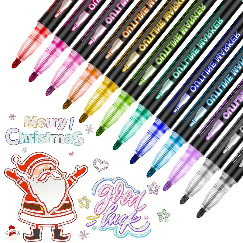 8/12/24 Colors Double Line Outline Pens, Self-Outline Metallic Markers Glitter Writing Drawing Pens For Christmas Card Writing