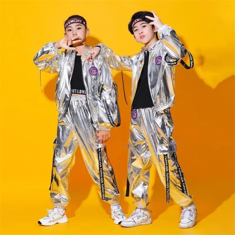 Hip Hop Boys Silver Jacket Girls Jazz Jogger Pants Street Dance Mini Skirt Clothes Sets Kids Sequin Costumes Child Streetwear