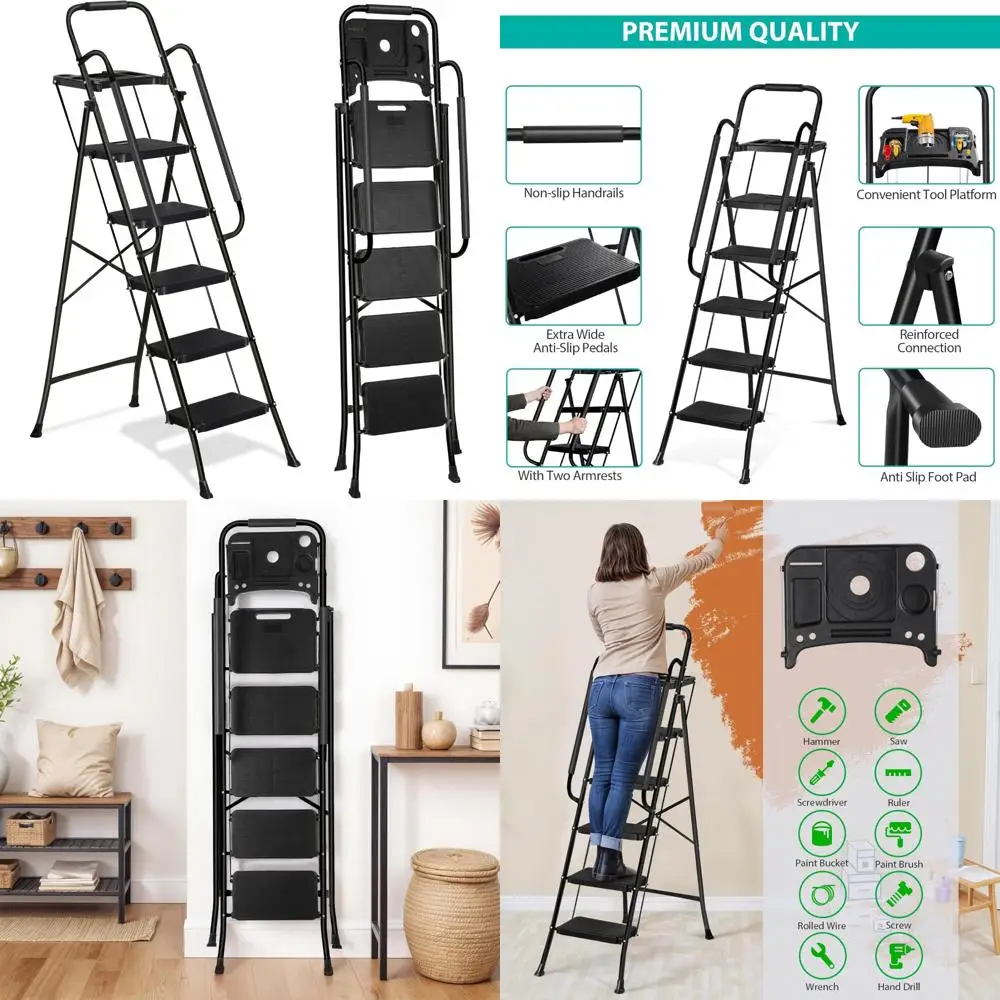 

Сверхмощная складная лестница из углеродистой стали с поддоном для инструментов, 5-ступенчатая, компактная, нескользящие ножки, идеально подходит для использования вдома и в мастерской.