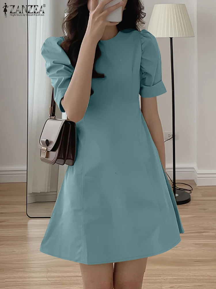 

ZANZEA элегантное платье длиной до колена с короткими пышными рукавами, женское летнее вечернее платье трапециевидной формы с круглым вырезом и приталенной талией, корейские модные халаты