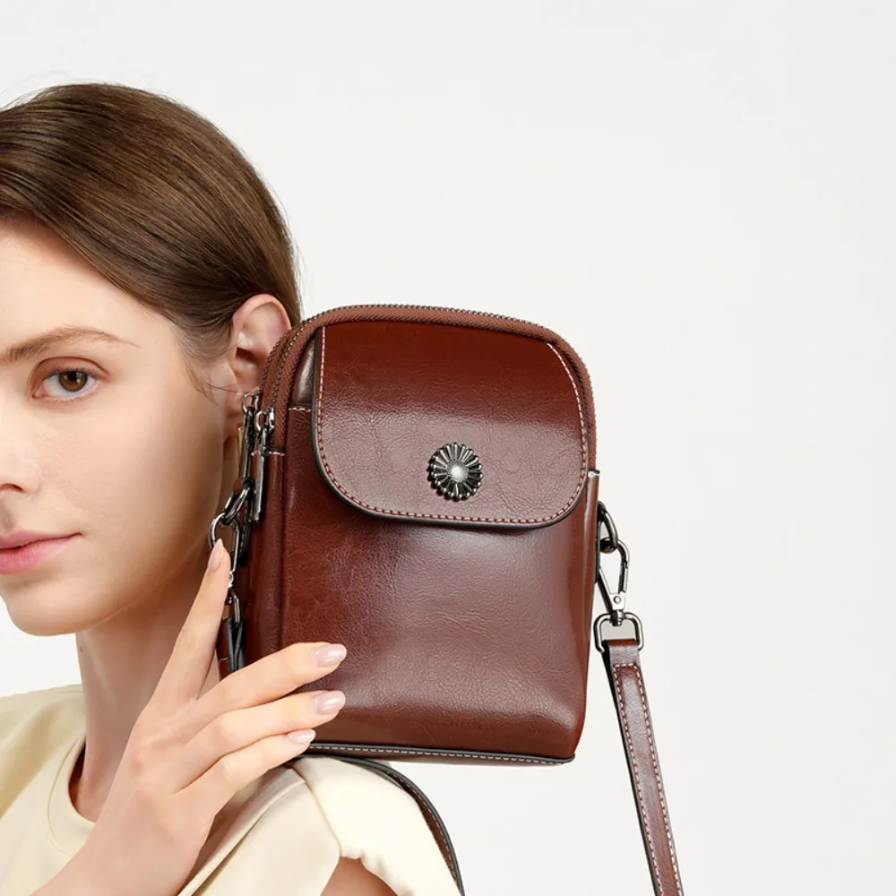 Genuine Cowhide Leather Women's Small Crossbody Phone Bag Minimalist Stylish Shoulder Purse Unique Fashion Design
