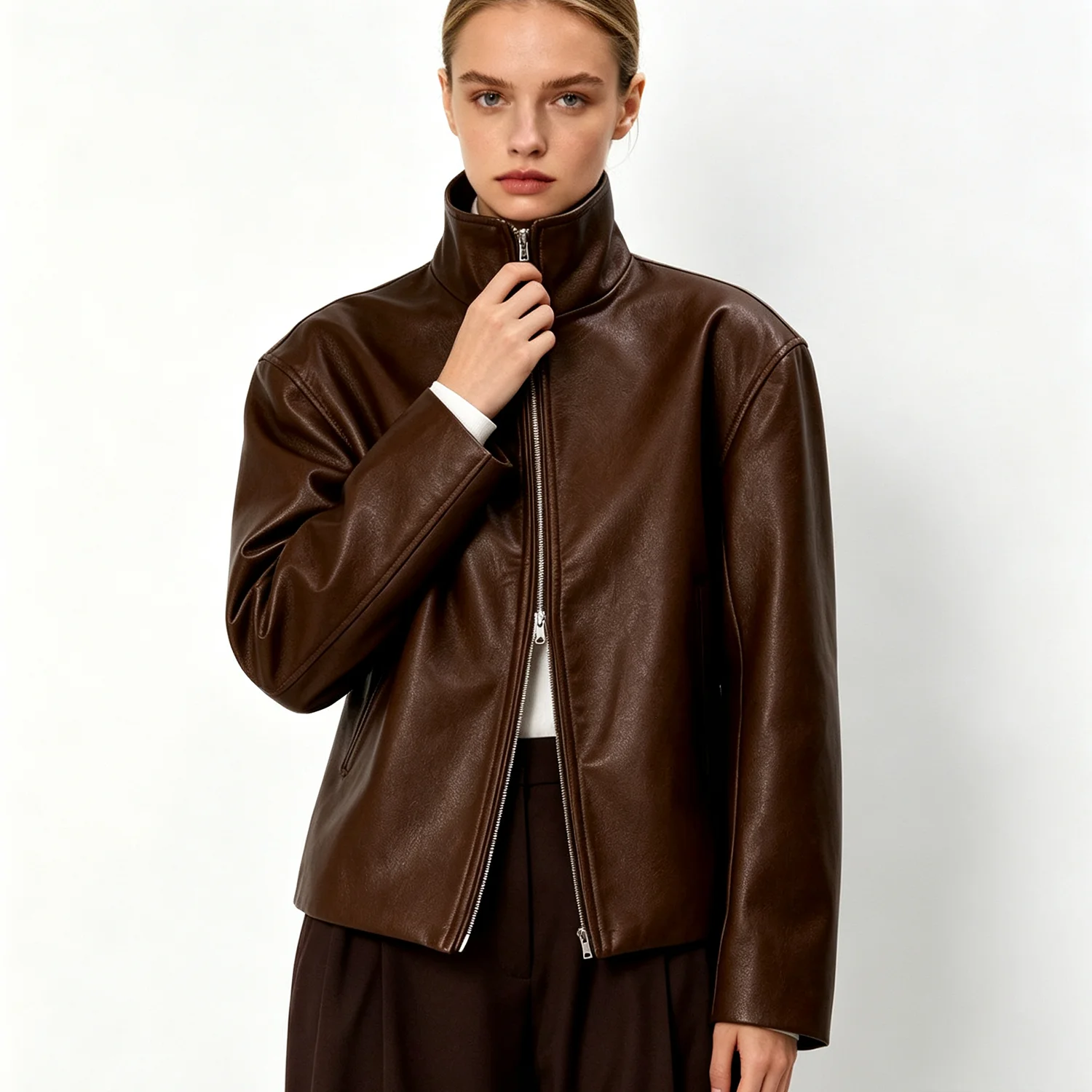PUAL  Women Brown Faux Leather Jacket Stand Collar Zip‑Up Loose Long Sleeve Streetwear Outerwear