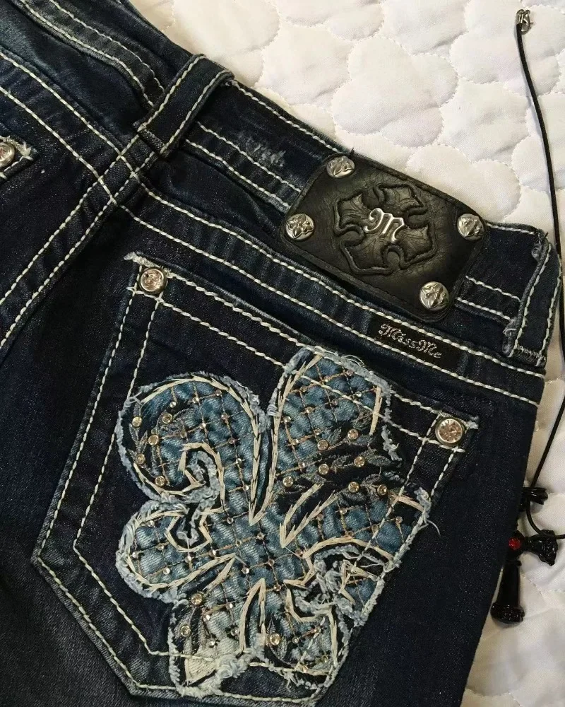 Jeans luminoso feminino bordado de tijolo d'água, calça jeans vintage, perna reta, streetwear de perna larga, roupas novas da moda, Y2k