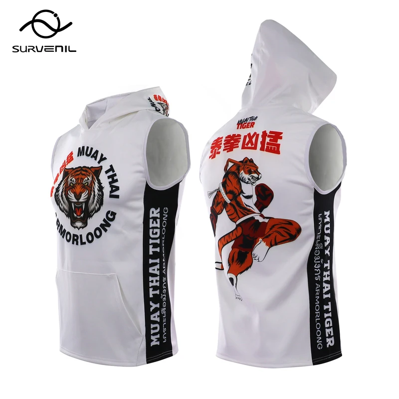 Muay Thai bluza z kapturem bez rękawów bokserskie bluzy męskie sztuki walki MMA walka Kickboxing T Shirt tygrys z kapturem Jiu Jitsu MMA Rashguard