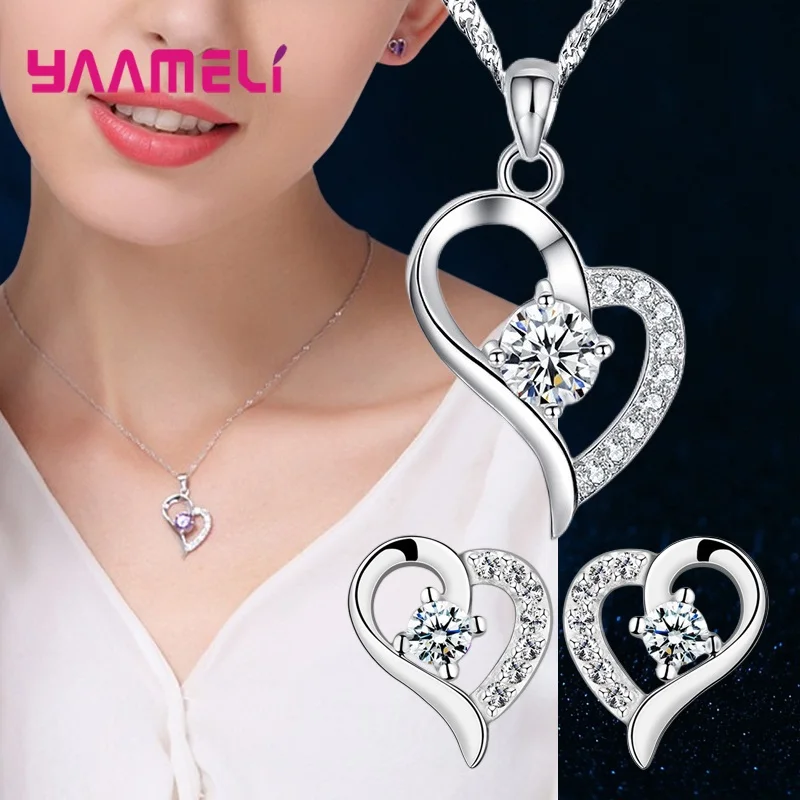 43 Modellen 925 Sterling Zilveren Sieraden Sets Voor Vrouwen Bruiloft Verloving Glanzende Kubieke Zirkoon Hart Bedels Ketting Oorbellen