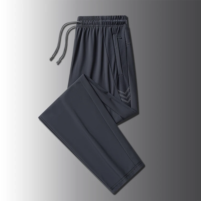 

Ice Silk Qui Dry Pants Men's Large Size Cuffed Summer Thin Sport Fitn Long Casual Pants Elastic Waist Dstring