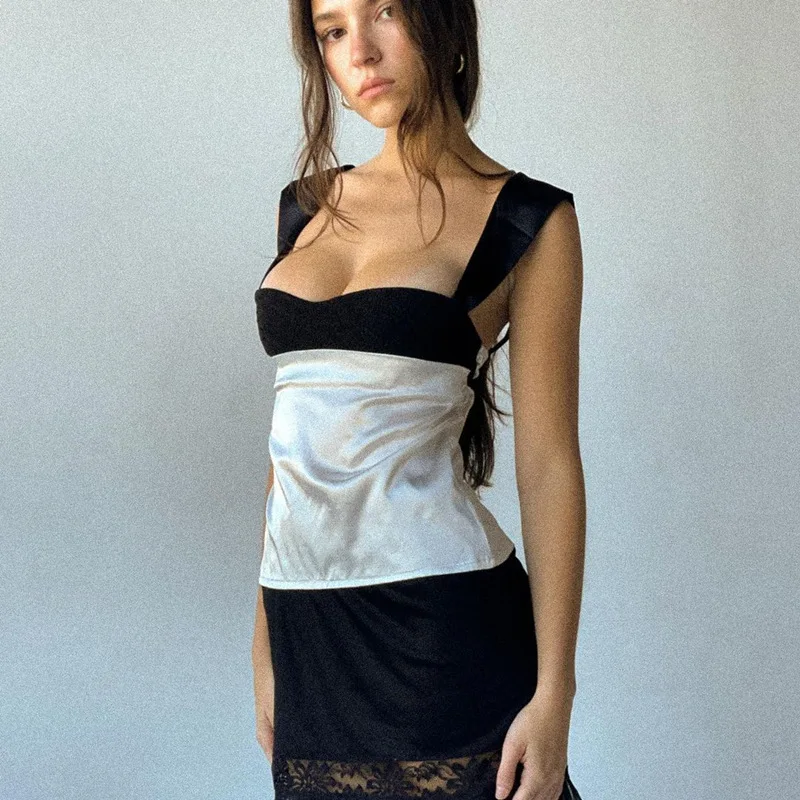 

2026 Black and White Color Matching Suspender Top Low-cut Strap Backless Color Matching Summer Women's Vest