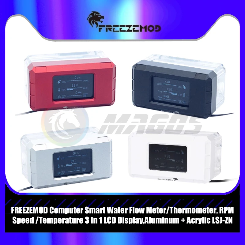

FREEZEMOD Компьютерный интеллектуальный расходомер воды/термометр, скорость оборотов в минуту/температура, ЖК-дисплей 3 в 1, алюминий + акрил LSJ-ZN
