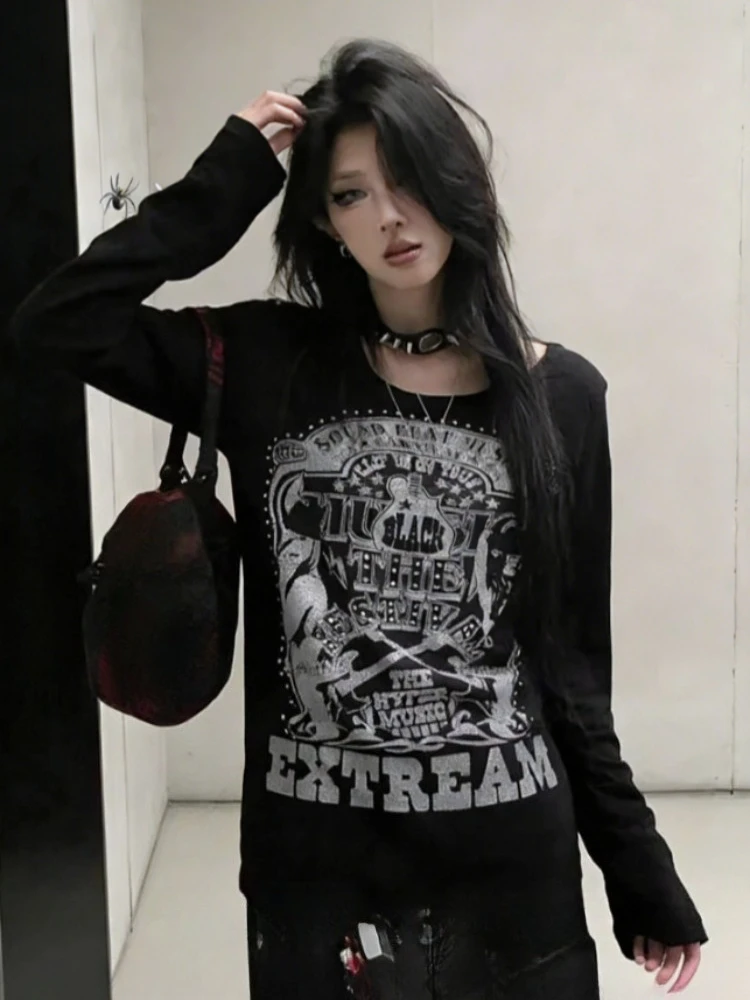 Retro และ Modern Subculture Gothic เสื้อ Harajuku แขนยาวเสื้อยืดผู้หญิง Y2K เสื้อผ้าเสื้อ Punk Emo Top Street