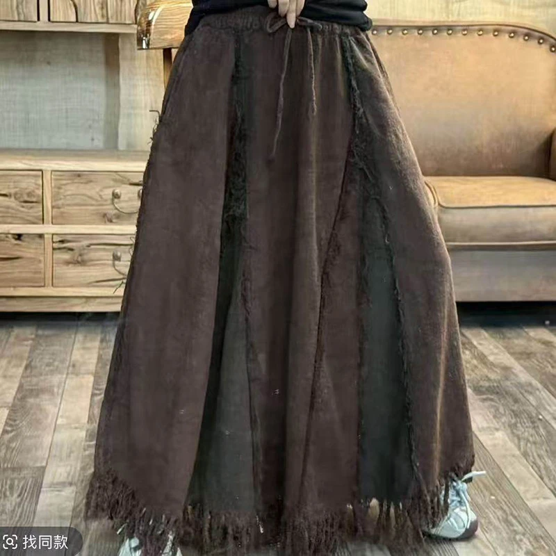 26 New Arrival Spring & Autumn Casual Loose Patchwork A-line Skirt Tassel Design Cotton Ankle-length Long Skirts For Women L163