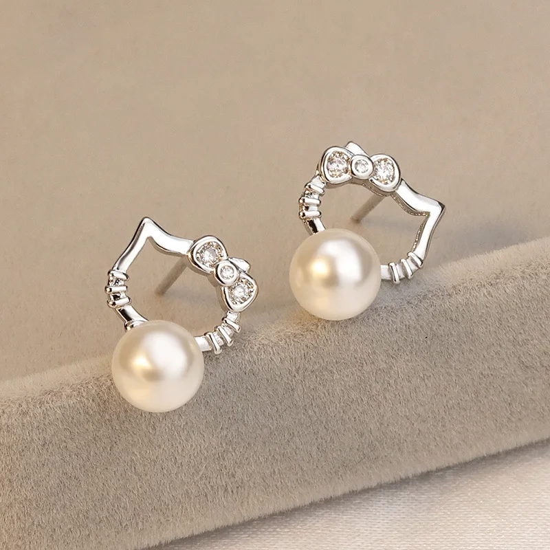 Fashion Sanrio Hello Kitty Earrings Cartoon 925 Silver Needle Flash Cubic Zirconia Pearl Earrings For Woman Simple Jewelry Gift