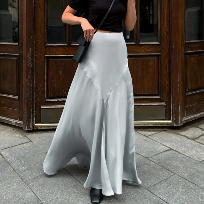 Elegant Satin Long Skirt Women High Waist A Line Silhouette With Subtle Slit Spring Maxi Skirt For Commute Street Style Wear New