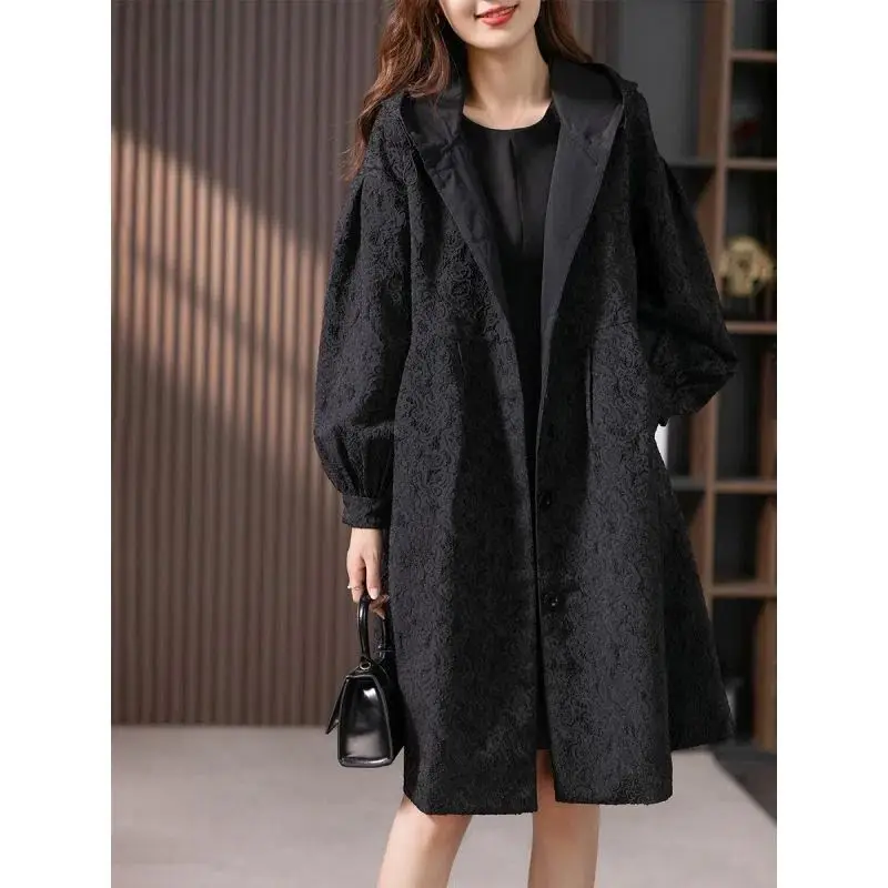 Black Jacquard Windbreaker Women's Mid Length 2026 Autumn Winter New Korean Version Casual Hepburn Style Loose Jacket High-End