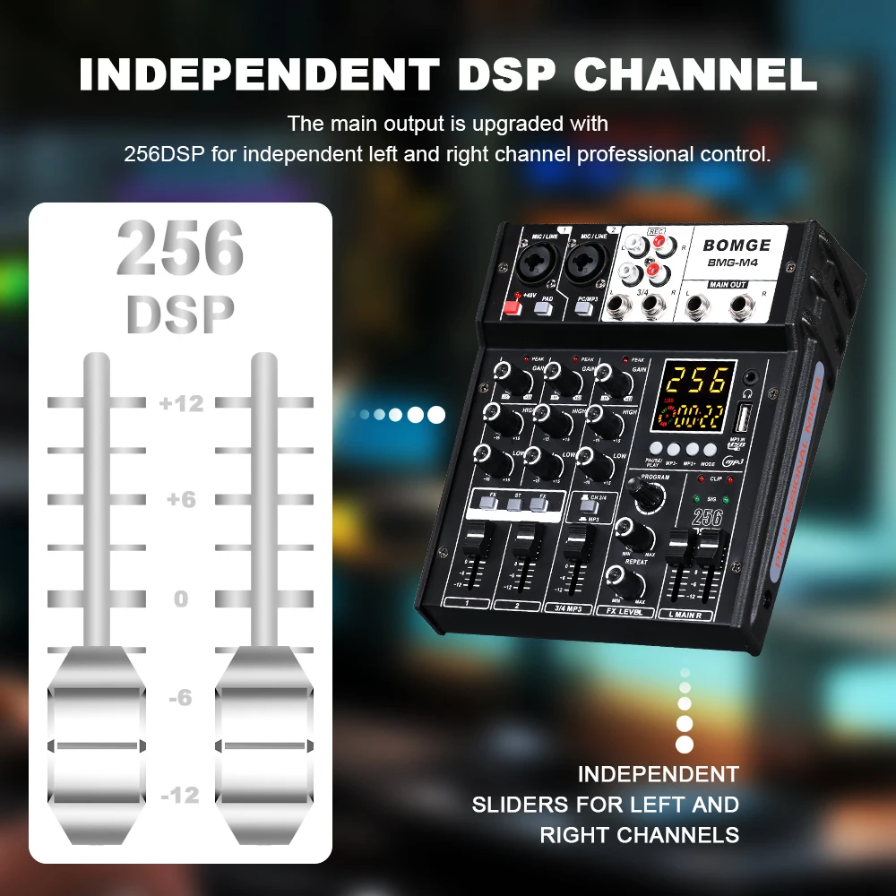 BOMGE 4 Channel Audio Mixer with OTG 2-Band EQ 256 DSP Digital Console Effects RCA Connects to Computer PC Mobile Phone