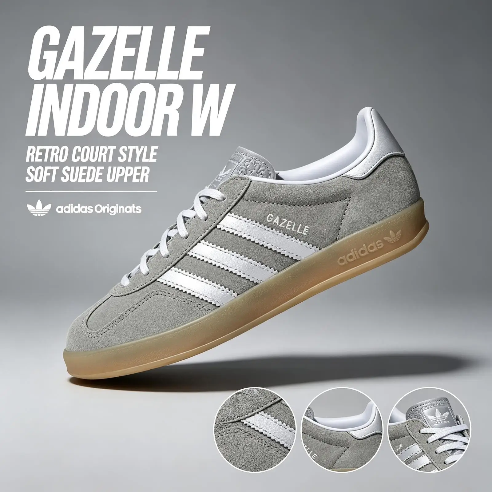 Adidas GAZELLE INDOOR W JQ7008 Originals Textile, Split Cow Leather Low Top Skateboard Shoes Gray Wear-Resistant T-Toe Sneakers