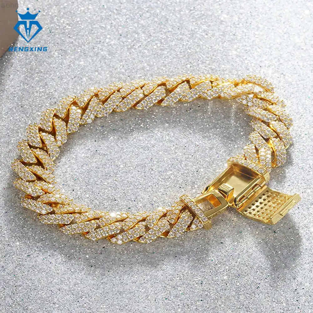 Fashion Custom 15mm Moissante Diamond Cuban Chain 18k Gold Plating Cuban Link Chain Bracelet for Men and Women