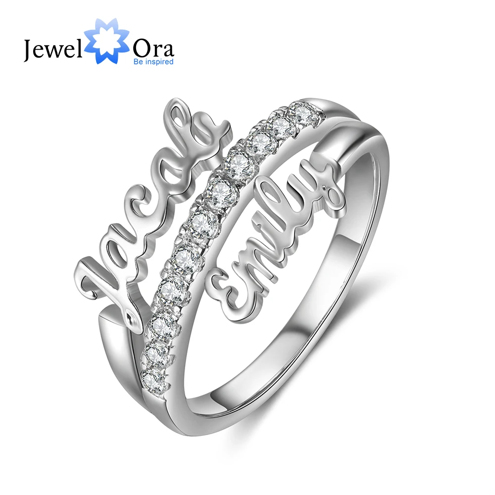 Customized Couple Nameplate Rings for Women Personalized Wedding Engagement Ring with Cubic Zirconia Anniversary Gifts for Women