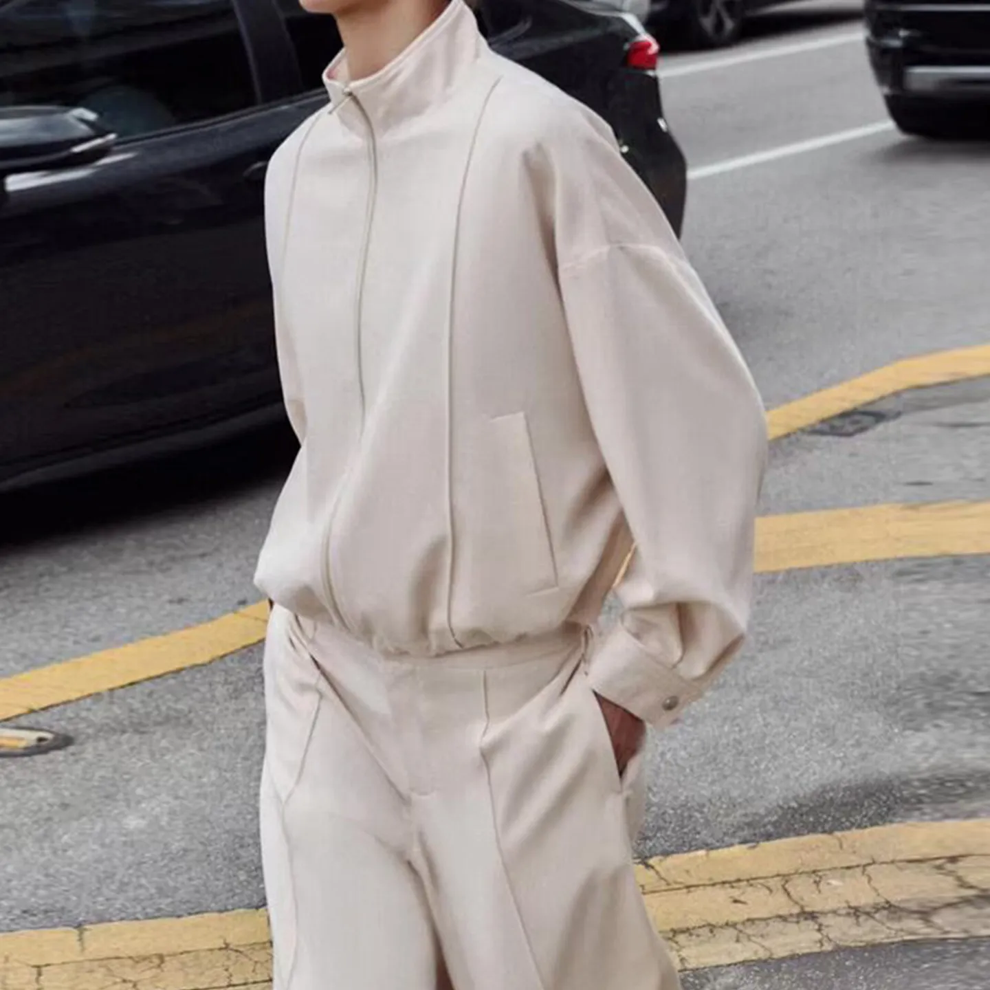Women's Pilot Jacket Coat High Waist Straight Leg Pants Stand Collar Geometry Line Decorated Fashion Set Long Sleeve Spring A...
