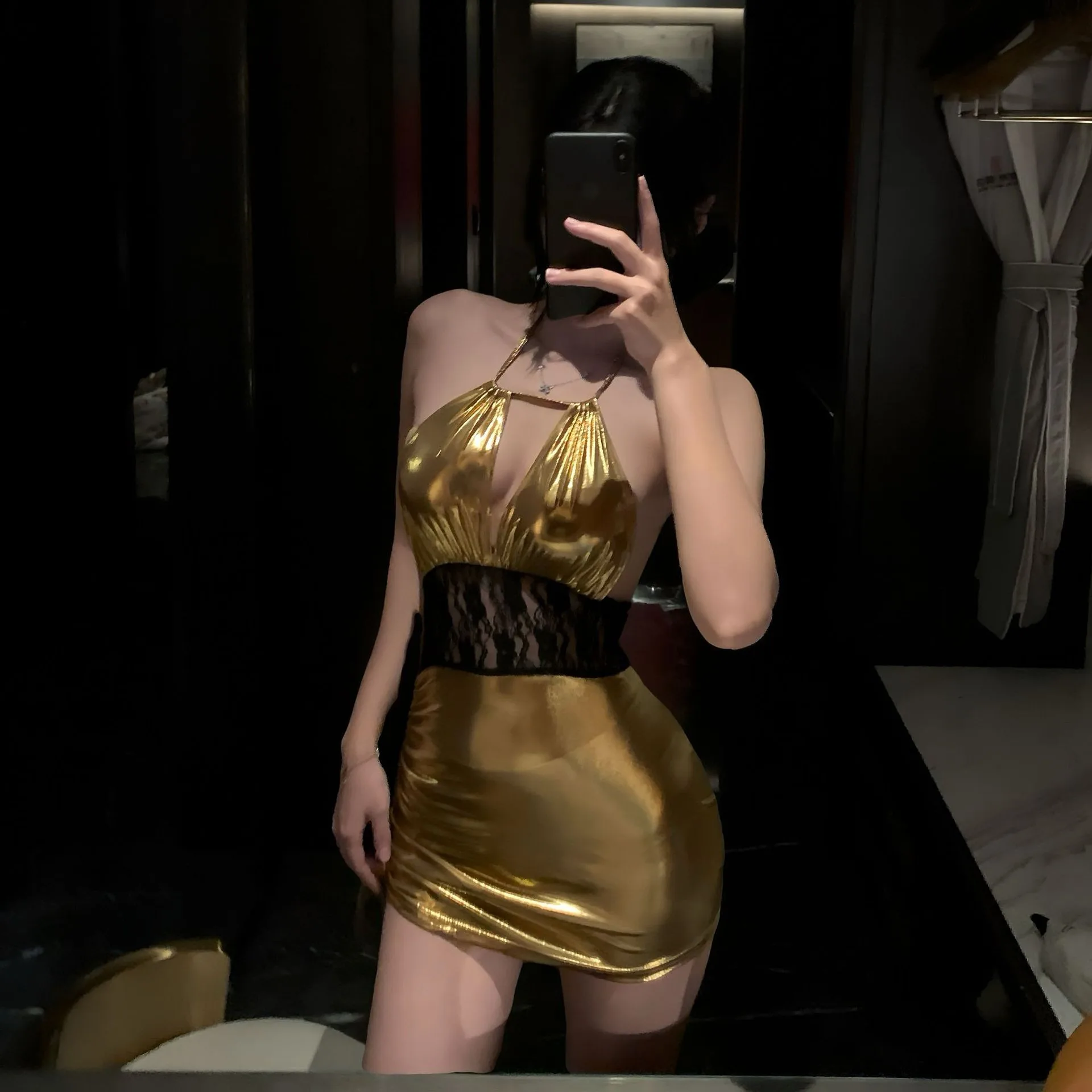 Pure Desire Sexy Lace Hanging Neck Strap Gold Stamp High Waist Bodycon Dress Tempting Backless Dress for Night Club Broadcast