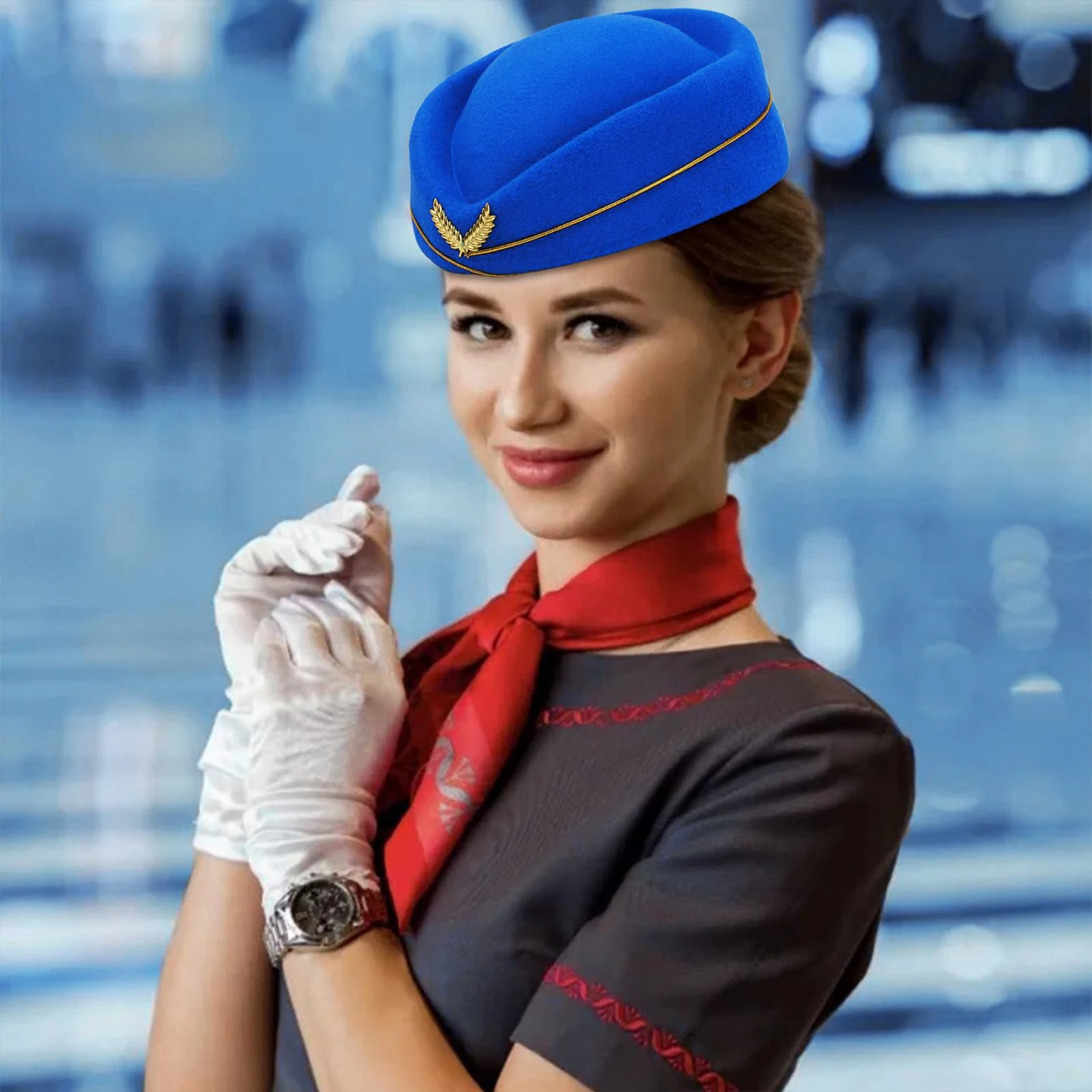 Women\'s Stewardess Costume Accessories Air Hostess Costume Accessories Flight Attendant Hat Sunglasses Scarf Gloves