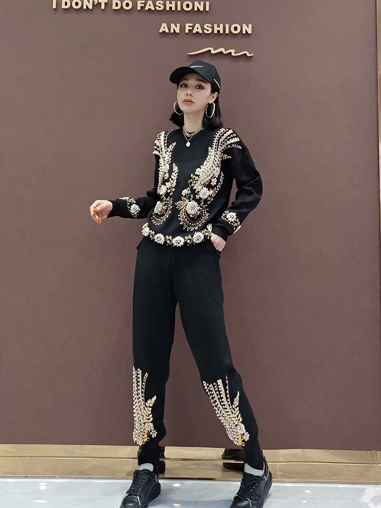 High quality sequins beading knit suits female heavy industry beading flowers long sleeve sweater + pant two pieces sets