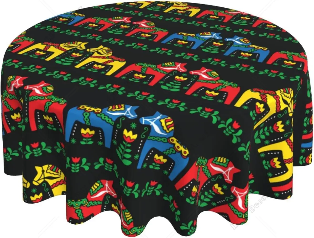 Dala Horse Folk Printed Round Tablecloth Waterproof and Wrinkle Resistant Polyester Tablecloth,60 Inches for Kitchen Dining