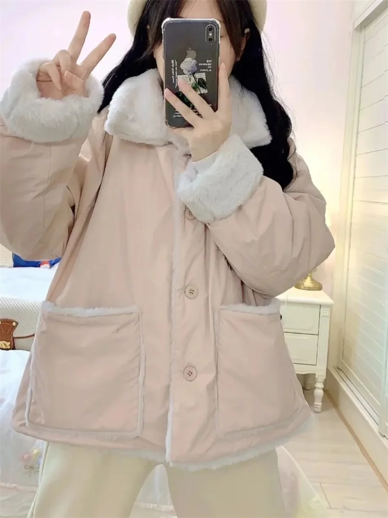Chaqueta de algodón de lana de cordero para mujer, Chaqueta de algodón gruesa de doble cara, holgada y de felpa, color rosa, para estudiantes, invierno, 2025