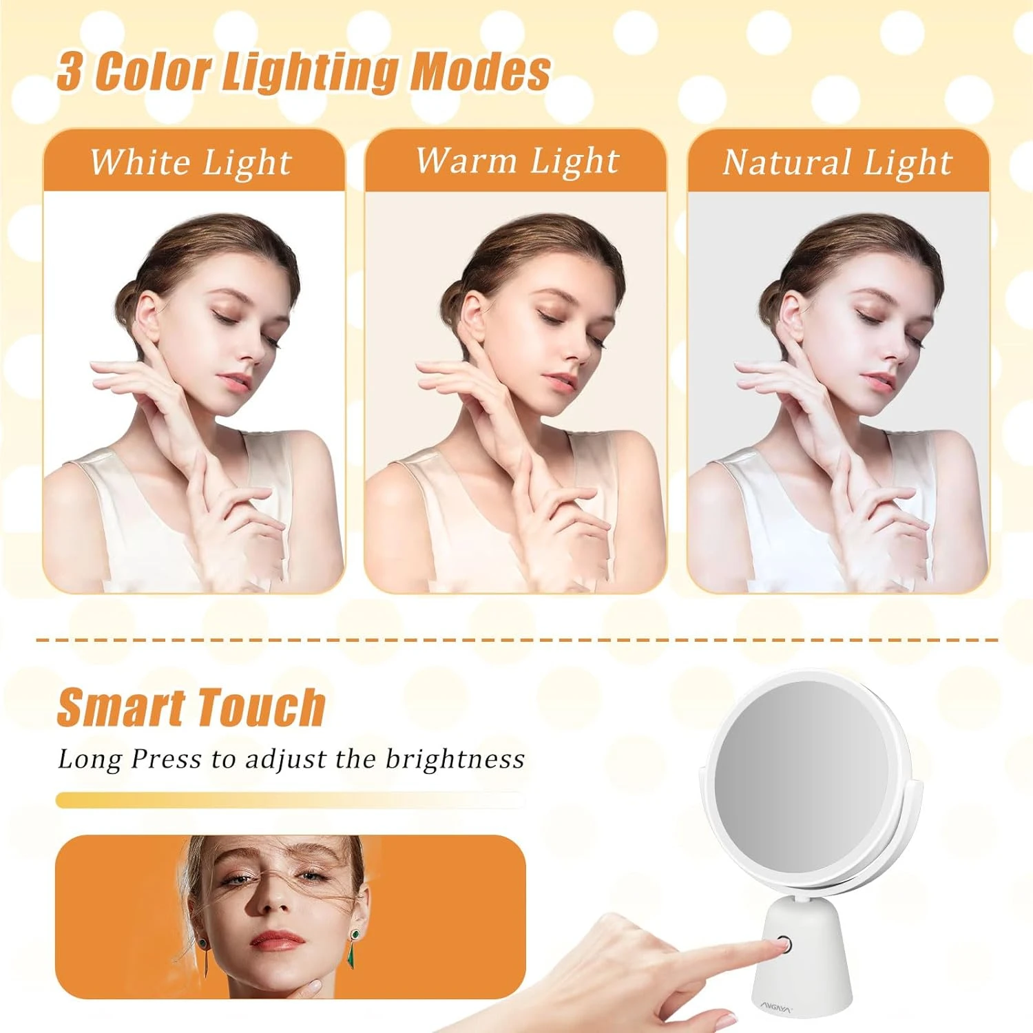 Rechargeable LED Vanity Mirror with Adjustable 10X Magnification, 360° Rotation, 3 Color Modes, and Dimmable Brightness, Ideal