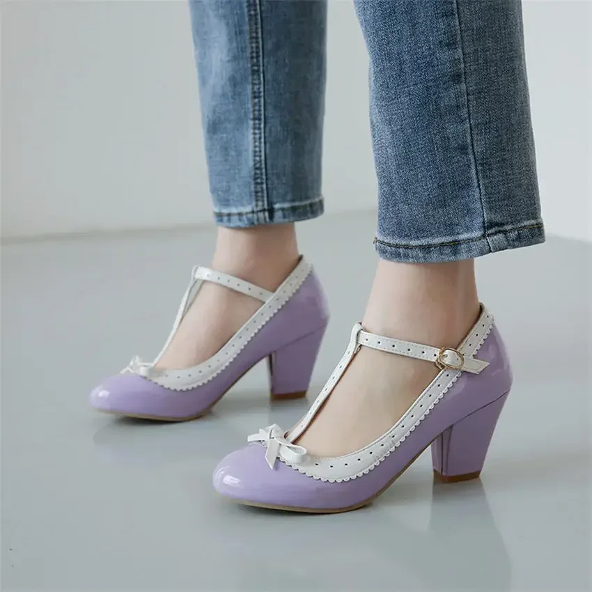 Red Purple Patent Leather Mary Janes Women High Thick Heels Pumps Wedding Office Lady Round Toe Sweet Pink T-strap Lolita Shoes