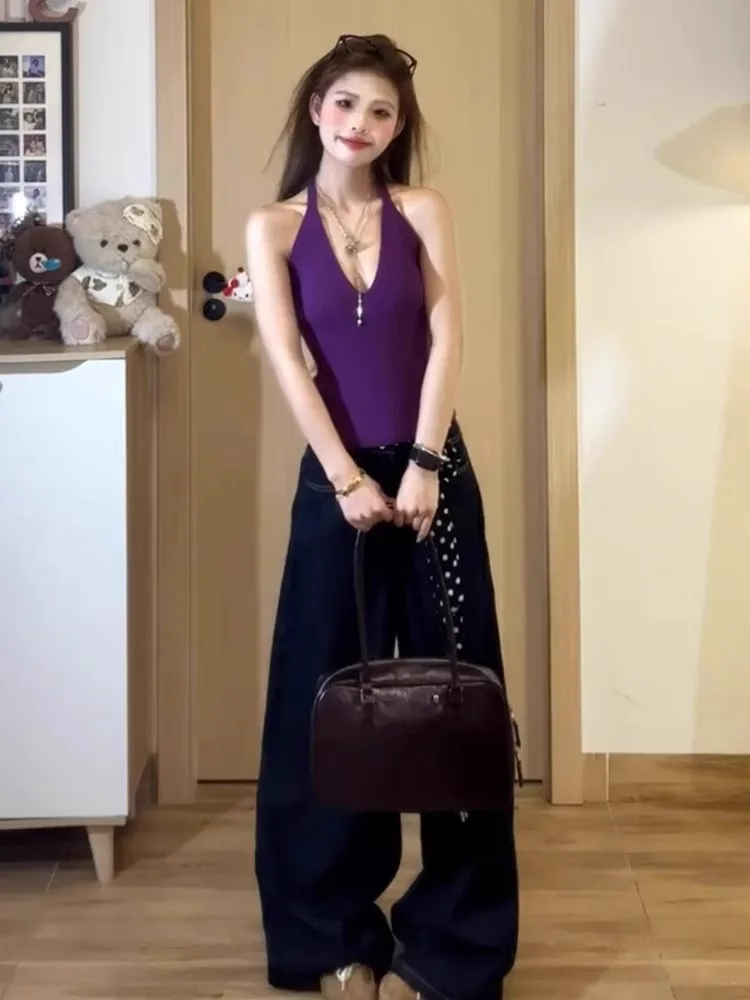 Pure Desire Sle V-Ne Knitted ort Svel Top Purple Hanging Ne Vest Women Summer Outerwear Slim Fit Commute Sle