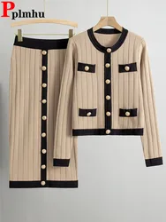Women Elegant Skinny 2 Piece Sets Korean Single Breasted Knitwears Tops Cardigan Conjuntos Slim 70cm Length Knitted Dress Suits